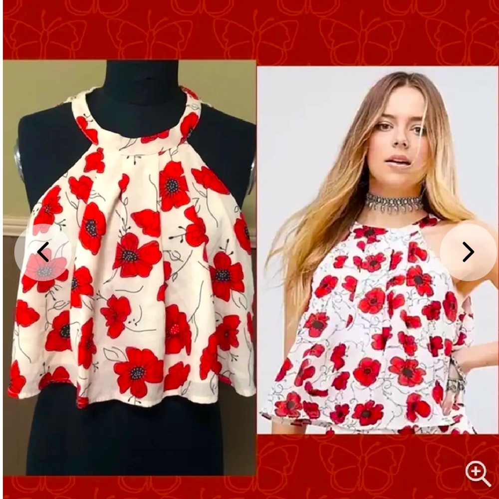 L'ATISTE by Amy Sleeveless Halter Tie Neck Poppy Blouse Size L Flowy, Floral